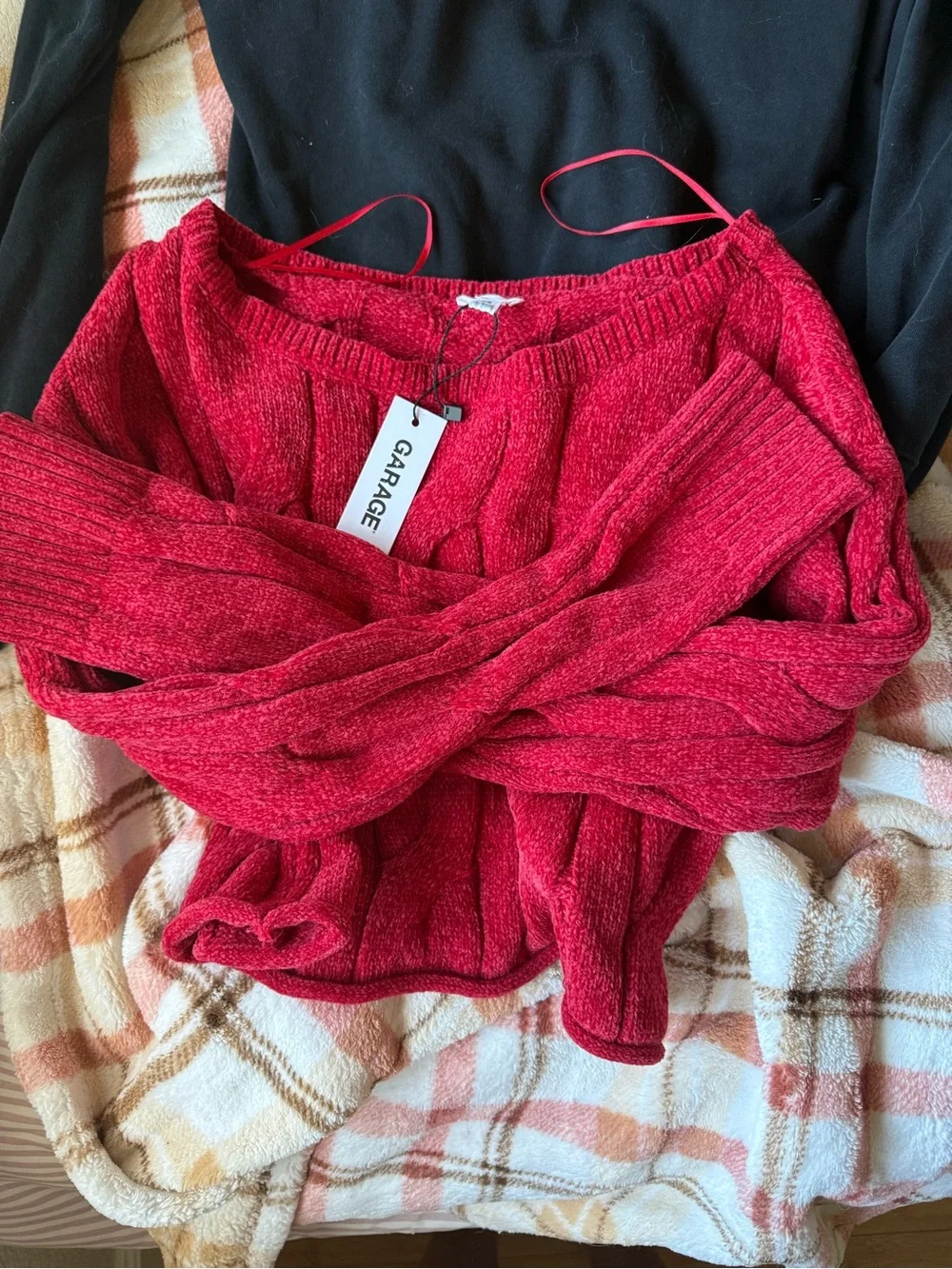 Garage Off-the-Shoulder Ribbed Sweater in Red